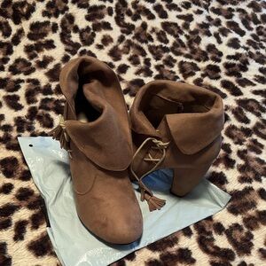 Women's Tan Suede Fold-Over Ankle Booties with Tassel Laces